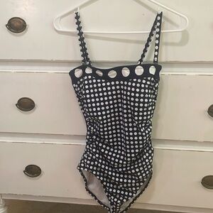 navy and white polka dot one piece medium coverage
